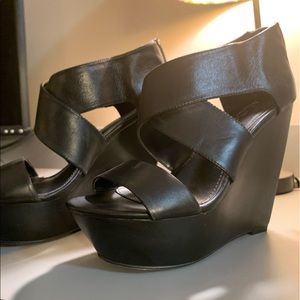Aldo Black Leather Wedge Sandal